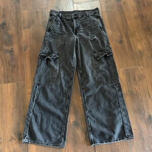 American Eagle Jeans Women 6 Black Wide Leg Baggy Cargo High Rise Denim